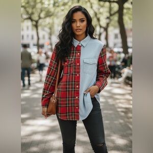 Misguided Oversized Plaid Denim Contrast Button Up Shirt Casual Size 4